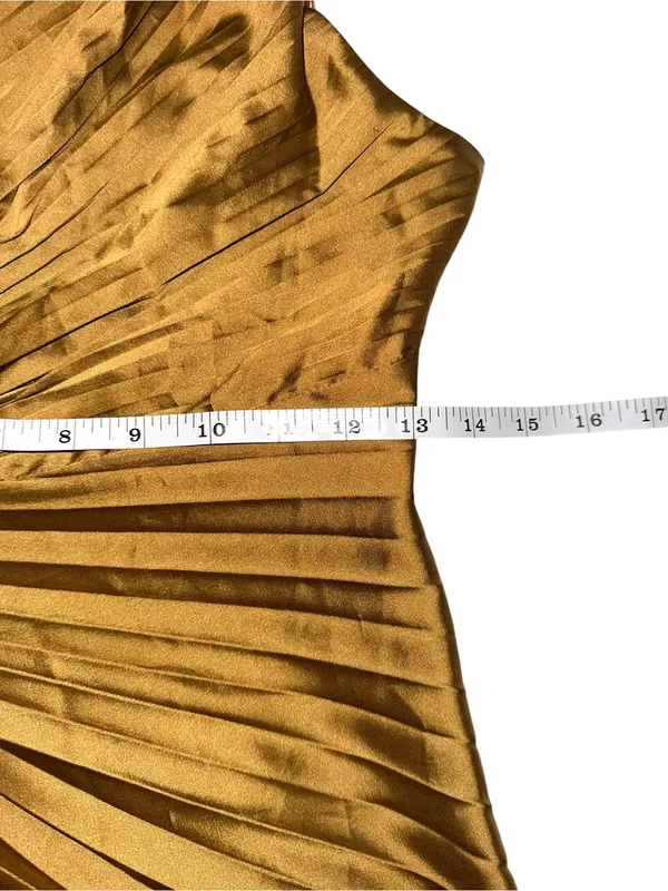 Dress Forum One Shoulder Pleated Asymmetrical Satin Midi Dress SMALL in Copper - Image 8