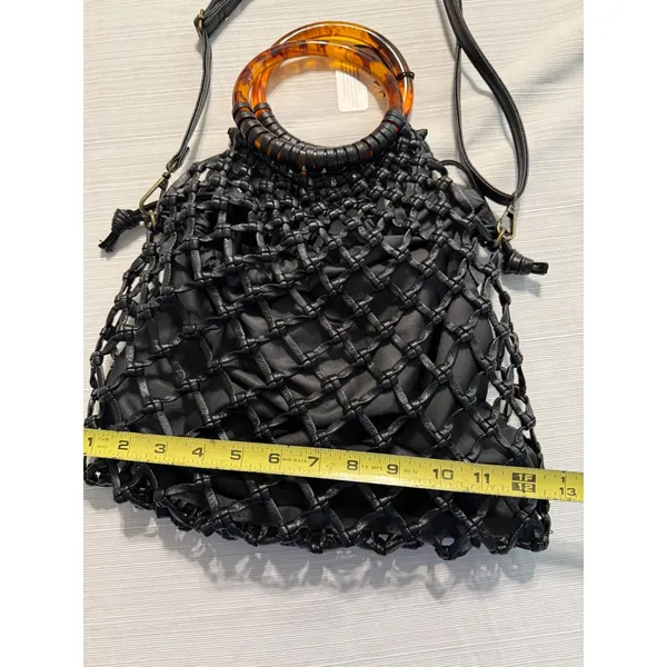 Anthropologie Black Macrame Net Bag‎ Tortoiseshell Ring Handle Crossbody Pouch - Image 3