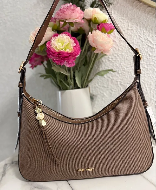 Nine West Brown Canvas Hobo Shoulder Bag with Tassel Charm - Image 2
