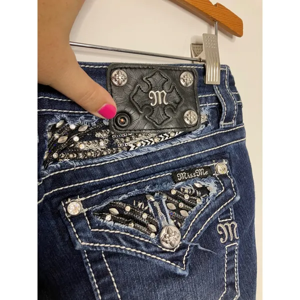 Miss Me Signature Skinny Jeans Womens 28 Blue Excellent Embellished Flap Pocket - Image 6