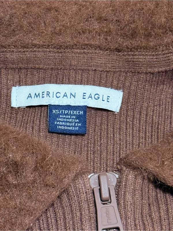 American Eagle Womens Brown Ribbed Zip Up Sweater Fuzzy Collar Cardigan XS - Image 5