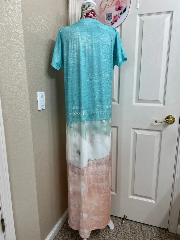 V-Neck Ombre Beach Maxi Cover-Up in Turquoise and Peach - Image 4