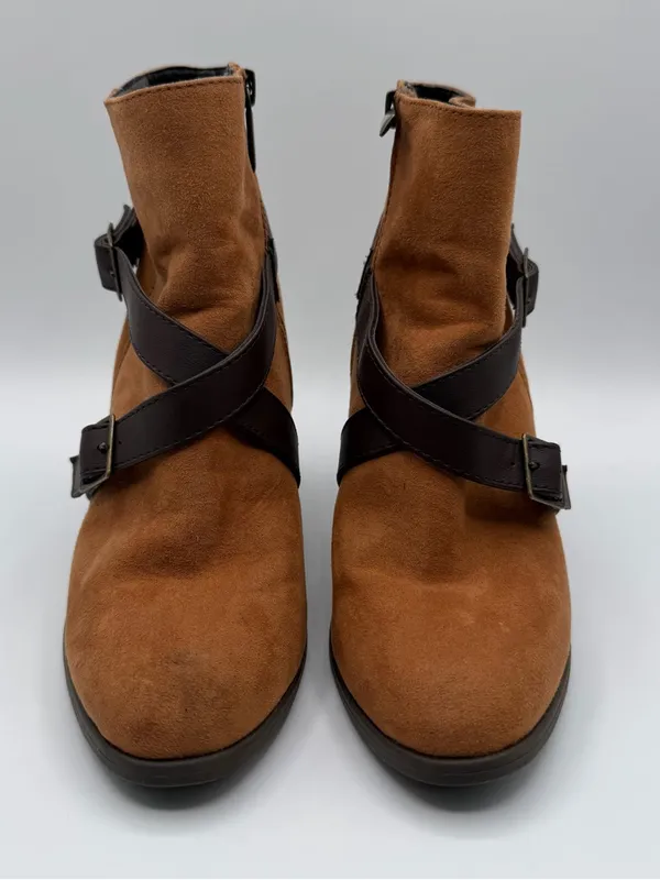 Charming Charlie Womens 7 Cognac Faux Suede Buckle Strap Block Heel Boots - Image 2