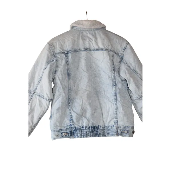American Eagle Denim Jacket Women M Light Acid Wash Faux Fur Sherpa Trucker Good - Image 5