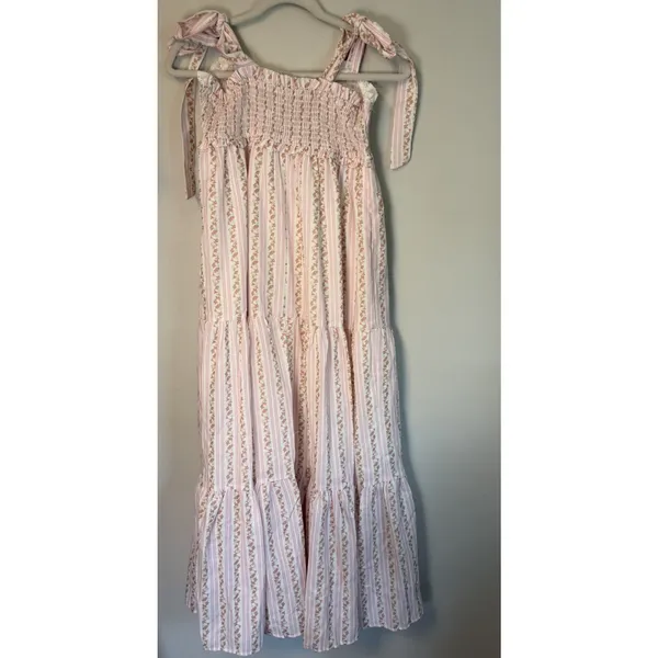Baevely Tie-Shoulder Light Pink Floral Maxi Dress with Smocked Bodice Sz S NWT - Image 9