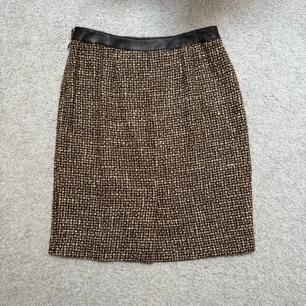 Kate Hill Brown Wool Tweed Blend Pencil Skirt with Brown Leather Waistband Trim - Image 5