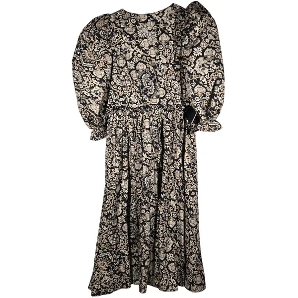 Area Stars Medallion Midi Dress Tan Black Puff Sleeve‎ V-Neck Size M NEW - Image 2