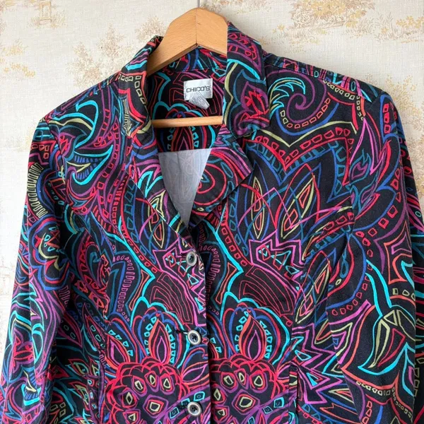 Vintage 90s Chicos Jacket Size 1 Womens M Abstract Floral Neon Art Teacher - Image 2