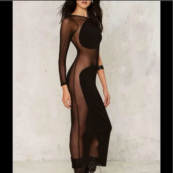 Nasty Gal‎ Black On Your Side Mesh Fitted Maxi One Sleeve Dress - Image 2