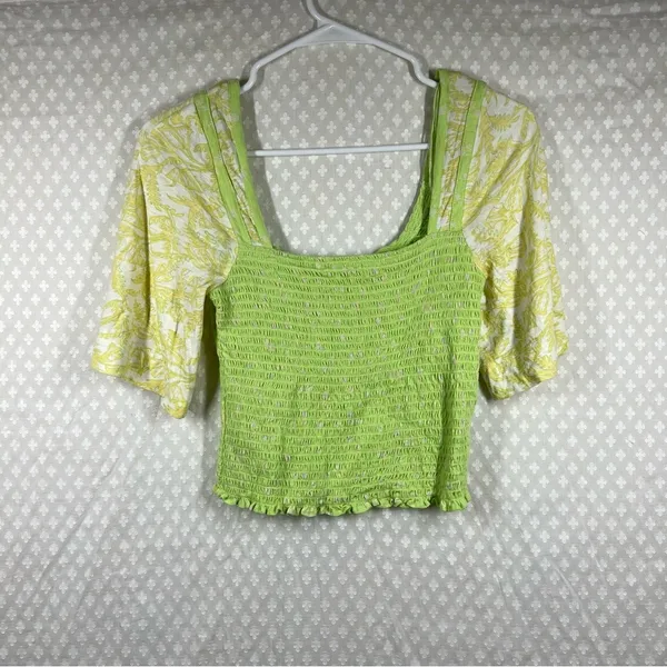 Free People Green Floral Marigold Smocked Cropped‎ Top - Image 7