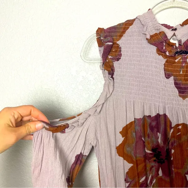 Entro Floral Cold Shoulder Long Sleeve Top - Purple and Brown Size L - Image 3