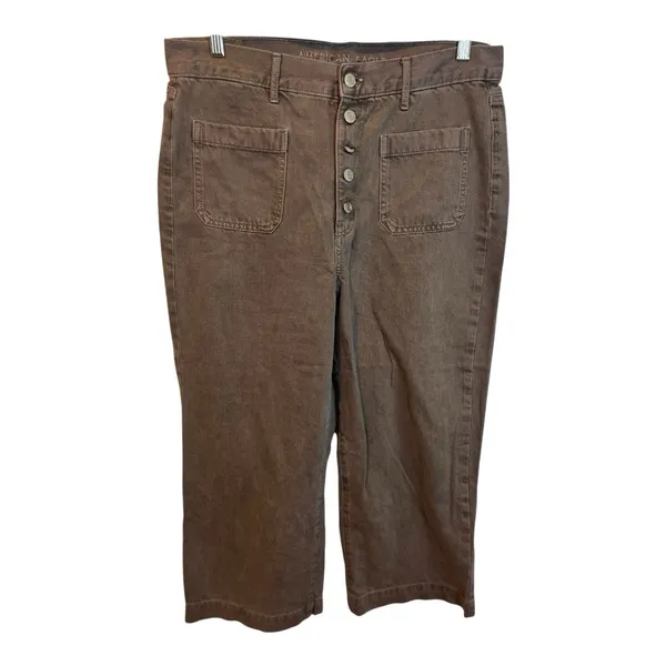 American Eagle Wide Leg Jeans Women's 14 Brown Cropped Button Fly Front Pockets - Image 2