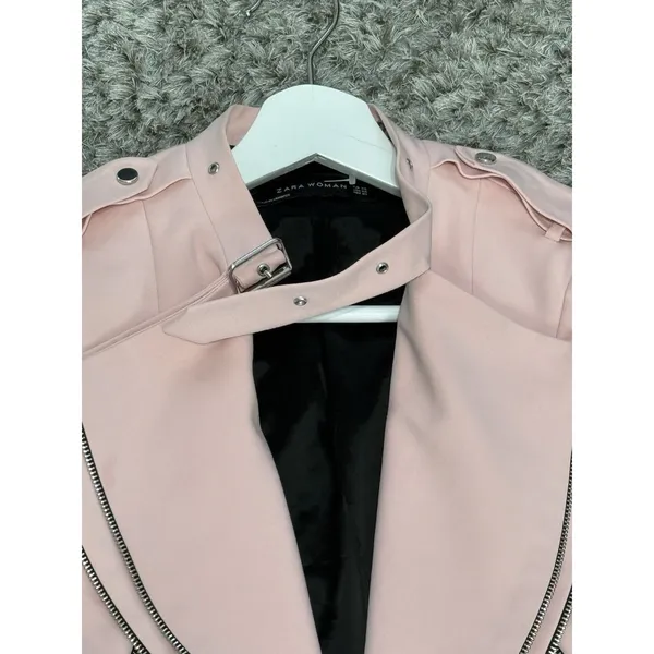 Zara Women’s Pink Cropped Moto Jacket Asymmetric Zip Biker Jacket Size XS - Image 5