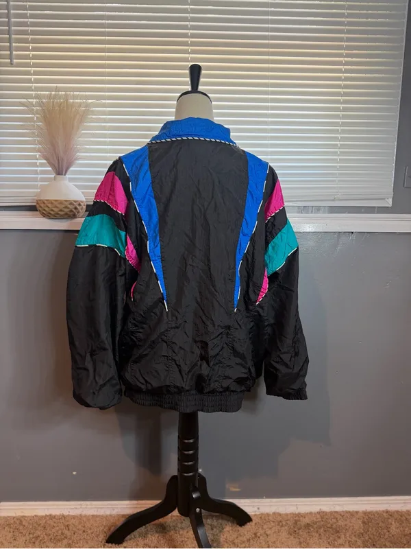 Black Bomber Jacket with Blue, Teal & Pink Panels - Image 7