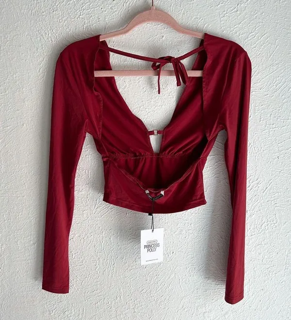 Princess Polly Maier Open Back Long Sleeve Top Red Sz 2 - Image 3