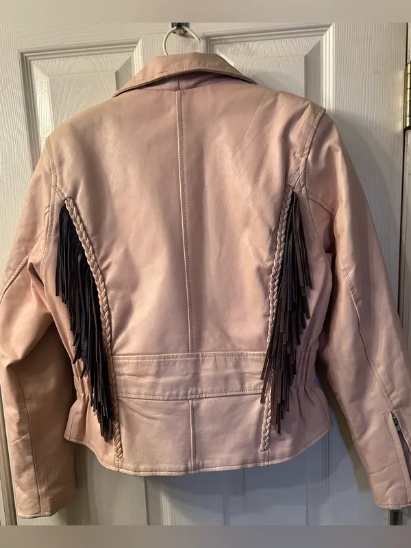 Unik Blush Leather Fringe Moto Jacket Pink Size M - Image 2