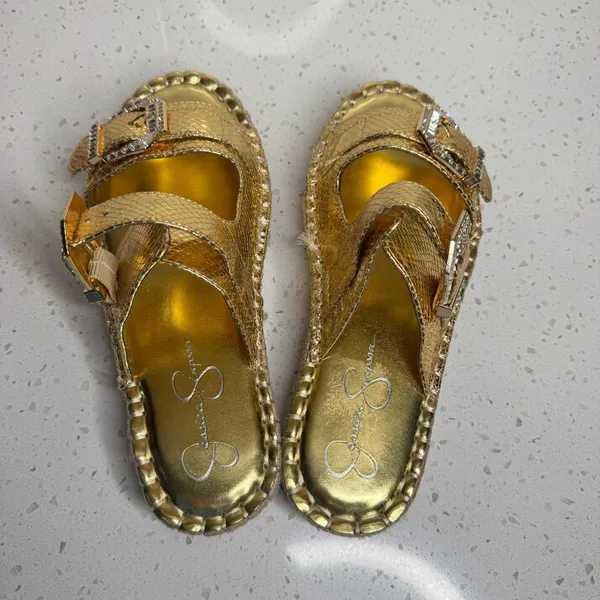 Jessica‎ Simpson Chandria Gold Metallic Snake Rhinestone Espadrille Sandals 10 - Image 6