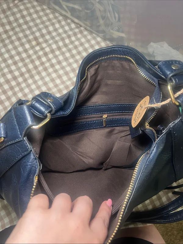 Navy Leather Shoulder Bag with Gold Hardware - Women's - Image 8