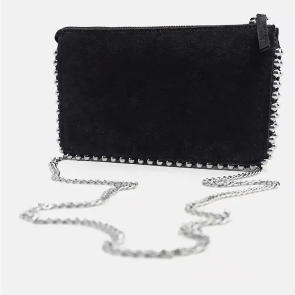 Zara Black Faux Suede silver studded crossbody bag / clutch - Image 2