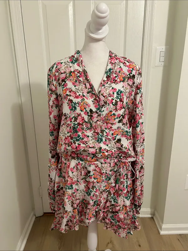 Rococo Sand Vie Floral Ruffle Mini Dress New Size Large Beaded Tie Resortwear - Image 4