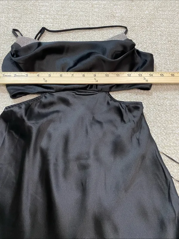 Hello Molly Black Satin Spaghetti-Strap Cutout Maxi Dress with Silver Trim SZ 4 - Image 13