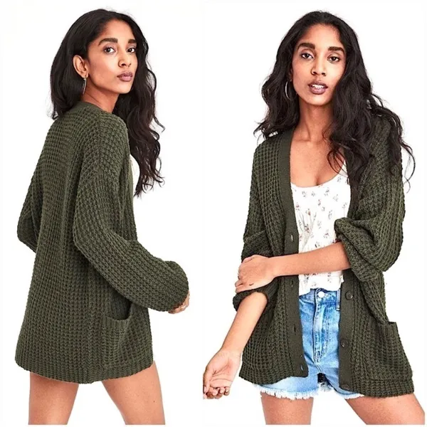 American Eagle Oversized waffle knit Grandpa Slouchy Cardigan Gray Brown XS/S - Image 2