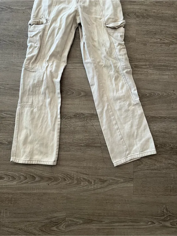 RSQ Wide Leg Baggy Pants Womens Medium Ecru Cargo Elastic Waist Cotton Utility - Image 3