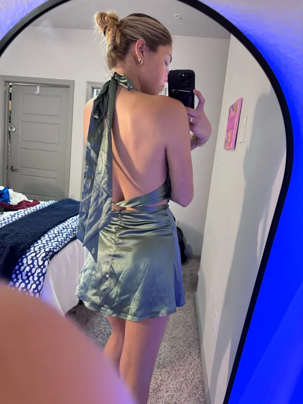 dark sage green lucy in the sky halter mini dress - Image 4