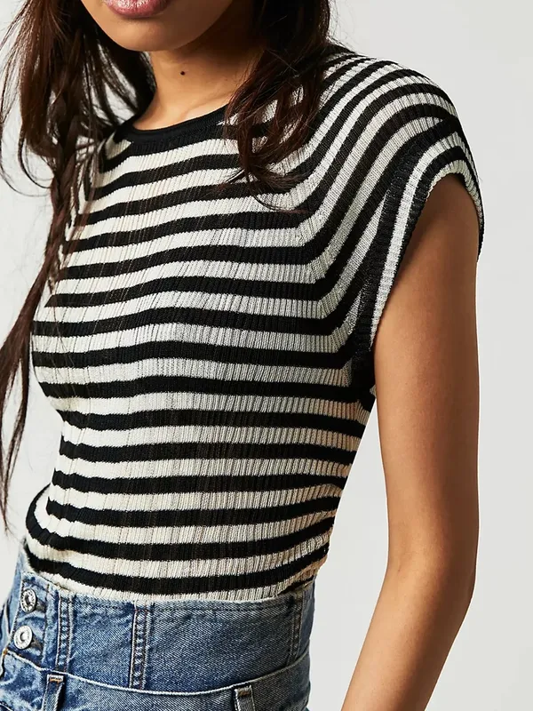FREE PEOPLE Slinky Baby Tee Black White Striped - Size Large - Image 3