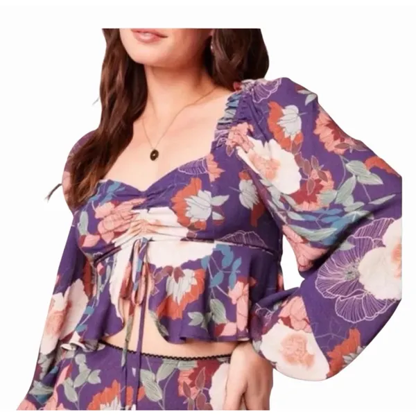 Band of the Free NWT Floriane Purple Floral Balloon Sleeve Crop Top Women Large - Image 15