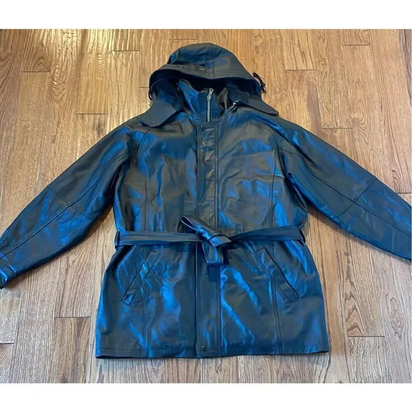 Vintage Leather black hooded faux fur lined trench jacket M - Image 3