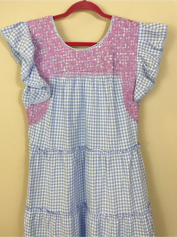 J. Marie Blue Gingham Plaid Flutter Sleeves Floral Embroidery Tiered Midi Dress - Image 5