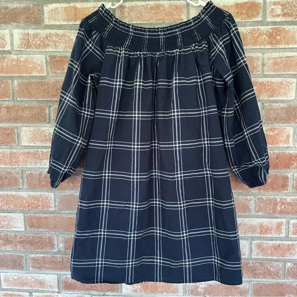 Abercrombie Fitch Plaid Off Shoulder Mini Dress Navy White Women’s Large - Image 8