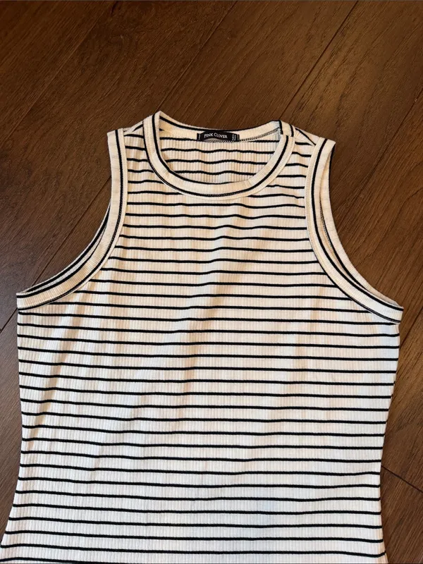 Pink Clover Striped Ribbed Tank Top - Black & White - Medium - C67-122 - Image 3