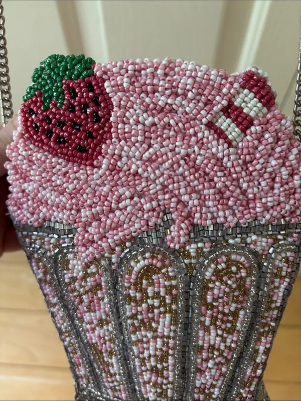 Made in India Beaded Pink and Silver Strawberry Milkshake Crossbody Bag - Image 3
