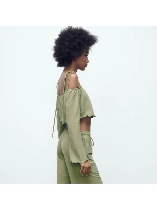 Zara Flowy Tank Top Tie Shoulders Spaghetti Straps Long Sleeve Green Sz M - Image 3
