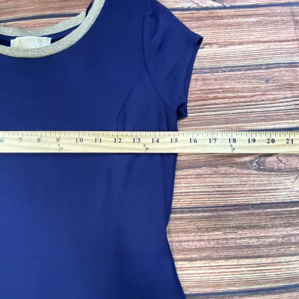Michael Kors Navy Blue Flared Dress Size Small Short Sleeve Gold Trim - Image 7