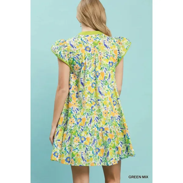 Umgee Floral Flutter Sleeve Tiered Mini Dress - Green Mix - Medium - Image 3