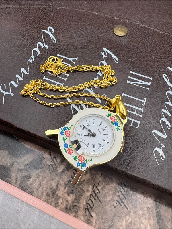 Vintage Sheraton Clock Pendant Necklace Floral Cottagecore Whimsigoth Gold Tone - Image 3