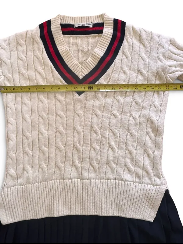 English Factory Cream Cable Knit V-Neck Sweater with Navy and Red Trim - Image 6
