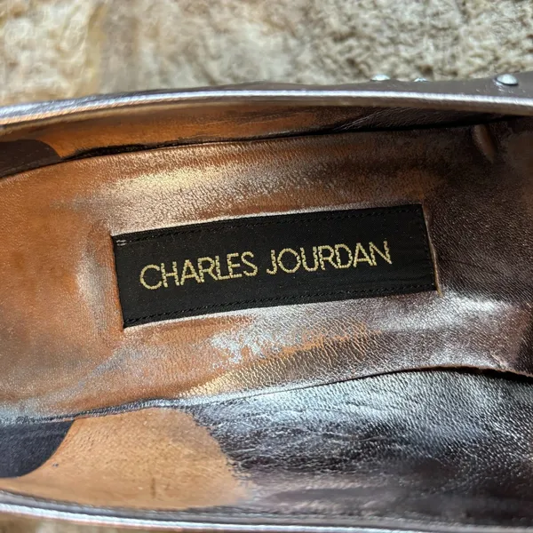 CHARLES JOURDAN Vintage Bronze Leather Rhinestones 3.5" Heels Pumps Shoes 9 - Image 5