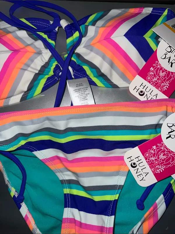 Hula Honey Women’s ' Stripe Bikini Set - Teal, Blue, Pink, Orange Small bandeau - Image 2