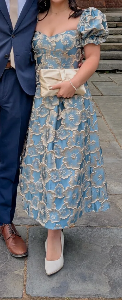 Azazie Blue and Gold Floral Puff Sleeve Dress WITH POCKETS - Image 2
