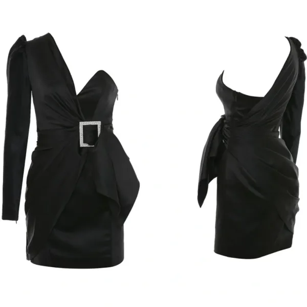 HOUSE OF CB 'Chiara' Black One Shoulder Draped Satin‎ Dress/Size XS - Image 2