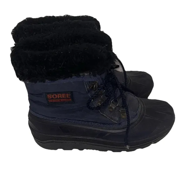 VTG Sorel Kaufman Canada Women 8 Navy Blue Black Faux Fur Trim Winter Snow Boots - Image 4