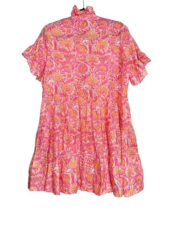 Mille Resort & Travel Violetta Pink Floral Ruffle Sleeve Tiered Dress SMALL - Image 3