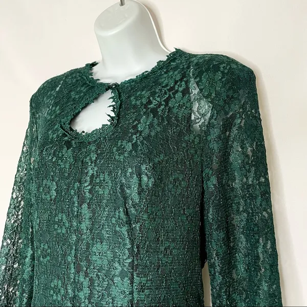 Vintage Green Lace Skater Dress Keyhole‎ Long-Sleeve Tie-Back Bow Christmas - Image 8