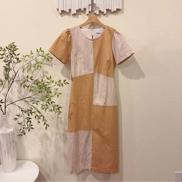 Lost + Wander LA Crème Color Block Cottage Linen Midi Dress Cream Sand OS NWT - Image 2