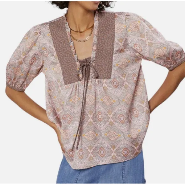 Current Air Quilt Contrast Motif Top Womens Size Large V-neck Short Sleeve Flowy - Image 2