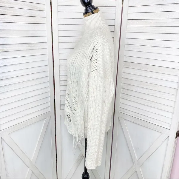 Free Generation Multi Stich Fringe‎ Distressed Turtle Neck Sweater Cream Small - Image 3